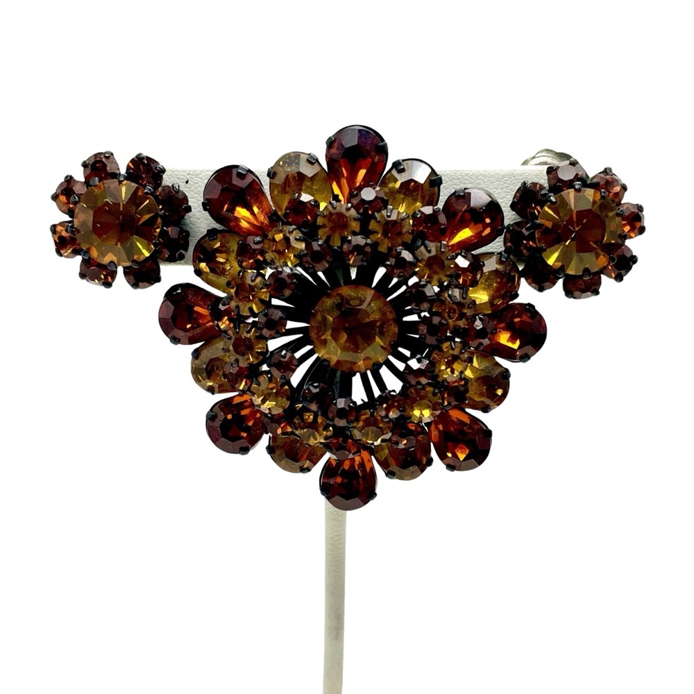 Vintage Rhinestone Brooch & Earrings Jewelry Set in Orange Amber Gold Stones